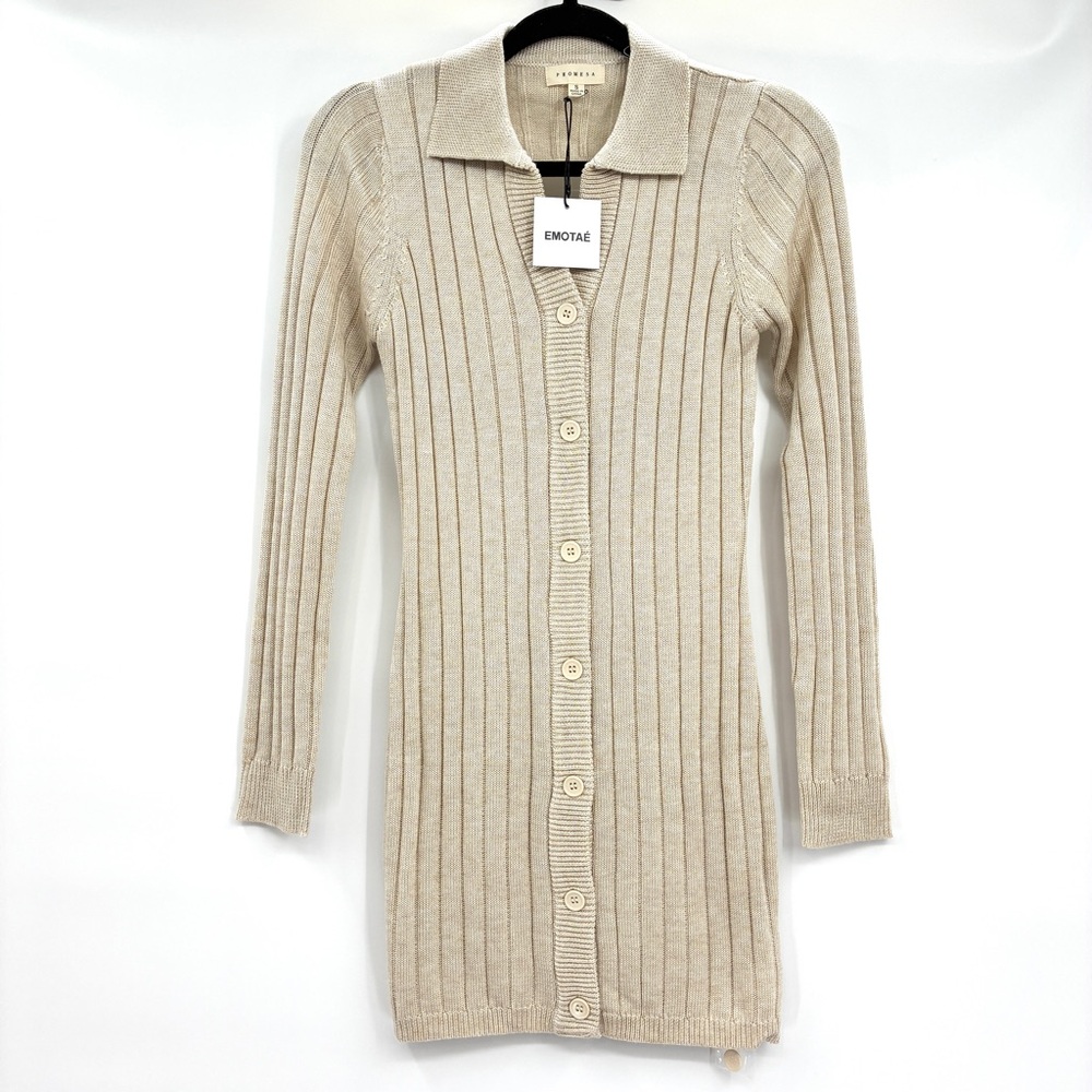 Emotae Promesa Beige Ribbed Knit Bodycon Sweater Mini Dress Small NEW